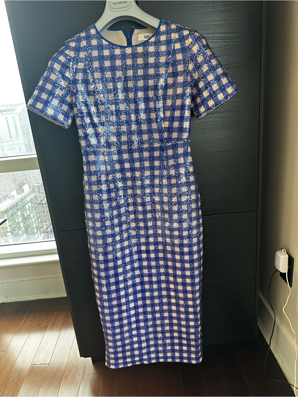 Diane Von Furstenberg Blue and White Gingham Sequin Midi Dress